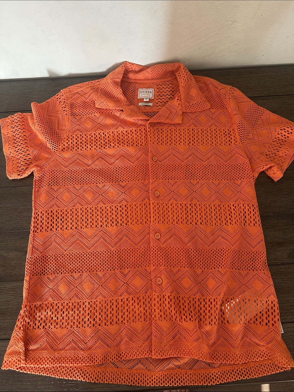 GUESS Orange Openwork Short Sleeve Button-Up Shirt